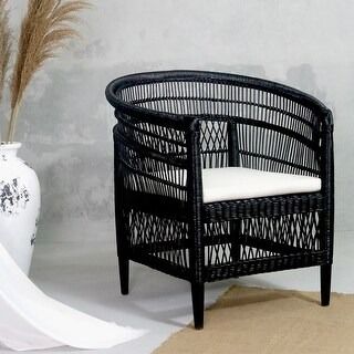 Symka Curved Back Woven Rattan Armchair with Padded Seat - Bed Bath & Beyond - 35732391 Black Arm Chair, Black Rattan Chair, Geometric Chair, Chair Rattan, British Colonial Decor, Black Rattan, Arm Chair Styles, Safari Chic, Black Armchair