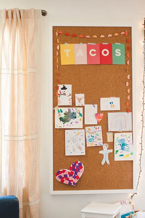 Oversized Cork Board, Cork Board Playroom, Giant Cork Board Wall, Kids Cork Board Ideas, Kitchen Bulletin Board Ideas, Painting Cork Board, Small House Projects, Cork Wall Ideas, Diy Cork Board Wall