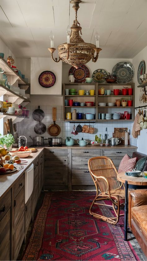 Enhance your space with eclectic charm by incorporating boho kitchen decor into your home. Achieve a cozy and inviting atmosphere with unique patterns, vibrant colors, and natural textures in your bohemian kitchen design. Embrace the free-spirited essence of boho style by mixing vintage finds with modern elements to create a personalized and inspiring cooking sanctuary. Eclectic Galley Kitchen, Modern Folk Interior Design, Vintage Eclectic Kitchen, Boho Kitchen Ideas Bohemian Style, Bohemian Kitchen Design, Eccentric Kitchen, Hippie Kitchen, Boho Chic Kitchen, Eclectic Kitchen Decor