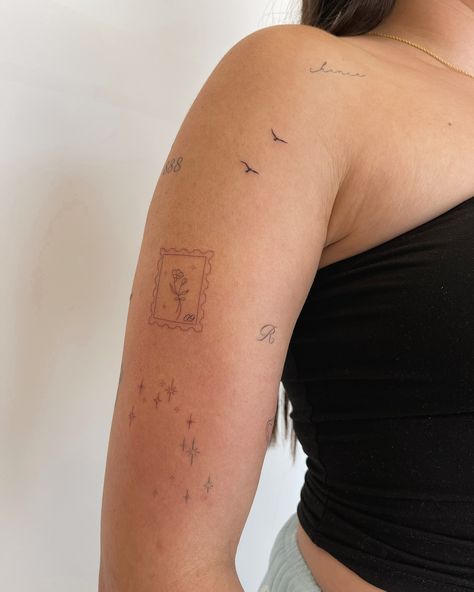 Birth flower stamp, black birds tattoo, constellation tattoo, sparkle/star tattoos, tiny tattoos Black Birds Tattoo, Tattoo Sparkle, Star Constellation Tattoo, Sticker Sleeve, Tattoos Tiny, Tiny Bird Tattoos, Sparkle Tattoo, Small Star Tattoos, Black Bird Tattoo