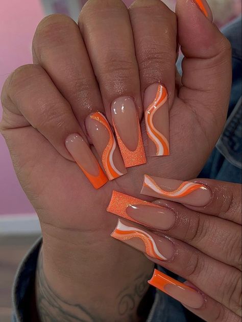 Orange French Tip, Hoco Nails, Orange Nail Designs, Yellow Nails Design, Glitter Nails Acrylic, Acrylic Toe Nails, Acrylic Toes, Toe Nail Color, September Nails