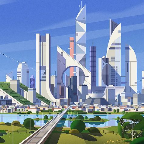 Futuristic City Landscape, City Concept Design, Futuristic City Illustration, Futuristic Building Concept Art, Developed City, City Development, Rumah Minecraft Sederhana, Futuristic Building, Sci Fi City