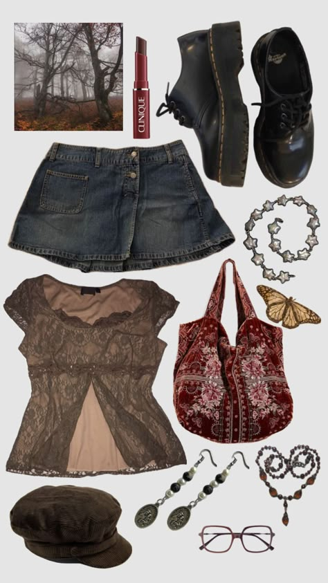 #outfit #browntones #warmtones #redtones #weirdgirlautumn #denimskirt #autumn #autumnoutfit Downtown Outfits, Autumn Fits, Swaggy Outfits, Look At You, Up Girl, Melanie Martinez, Lookbook Outfits, Dream Clothes, Cute Casual Outfits