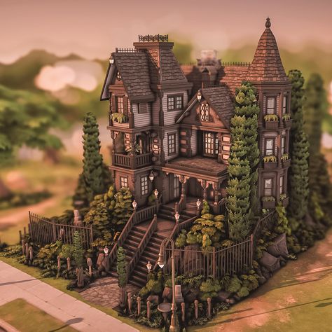 🖤 Base Game Dark Manor 🖤 I'm so happy that there are now some new color variations for many items in the base game. Building is twice as much fun! I'm hoping for a few more plants in the BaseGame at some point haha, but I don't think that'll happen. 🖤🌲🌇🖤🌲🌇🖤🌲🌇 This Victorian house on an overgrown hill has three bedrooms and is fully furnished. The furnishings are decorated in dark and heavy tones. 🖤🌲🌇🖤🌲🌇🖤🌲🌇 #thesims4builds #thesims4homes #showusyourbuilds #sccregram #somesimlishbuild #sim... Gothic Victorian House Sims 4, Sims Forest House, Victorian Home Sims 4, Sims 4 Victorian House Cc, The Sims 4 Floor Plans, Minecraft Victorian, Sims 4 Victorian, Sims 4 Gothic House, Sims 4 Base Game House