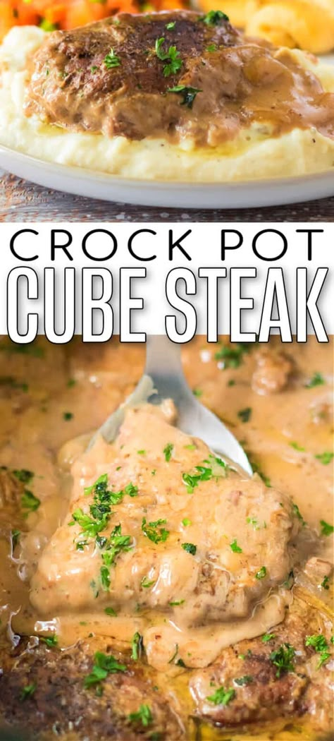 EASY CROCK POT CUBE STEAK Beef Cubes Recipe Crock Pots, Crock Pot Cubed Steak Recipes, Cubed Steak Recipes Easy, Cube Steak Crock Pot Recipes, Cubed Pork Recipes, Crock Pot Cube Steak, Beef Cube Steak Recipes, Crockpot Steak Recipes, Meat Sauces