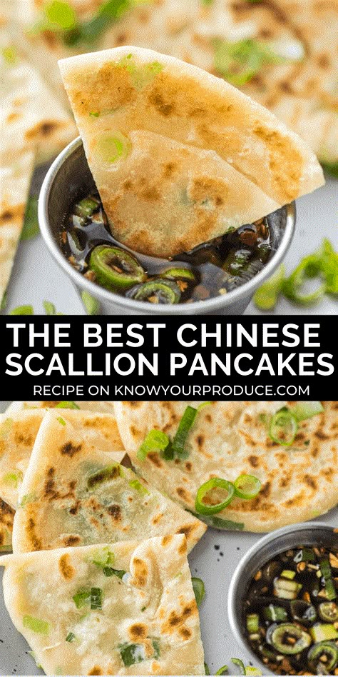 Scallion Pancakes are crispy on the outside, soft and chewy on the inside! They are also known as Cong You Bing and pair perfectly with our Chinese scallion pancake sauce. #scallions #pancakes #chinesefood #vegan #veganrecipes #vegetables #appetizers Scallions Pancakes, Vegetables Appetizers, Pancake Sauce, Chinese Scallion Pancakes, Koreansk Mad, Scallion Pancake Recipe, Scallion Pancakes, Asian Inspired Recipes, Chinese Cooking