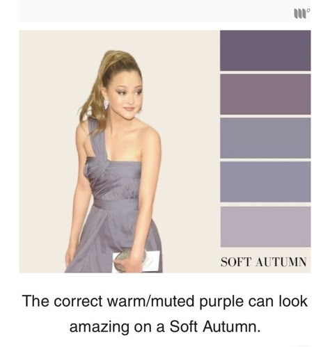 Hair Color For Muted Autumn, Soft Autumn Purple, Pink For Soft Autumn, Soft Autumn Examples, Soft Autumn Outfits, Soft Autumn Celebrity Examples, Soft Autumn Makeup, Wardrobe Color Guide, Contrast Outfit