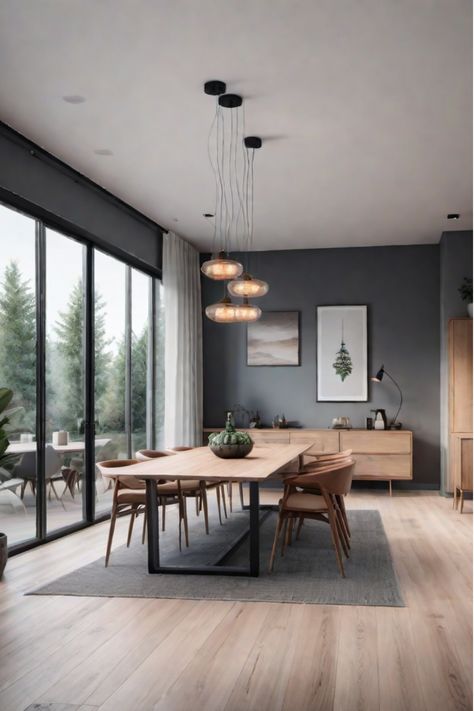 Open-concept Scandinavian living and dining area with cohesive design Scandi Style Dining Room, Scandinavian House Interior Design, Scandinavian Modern House Interiors, Scandavian Aesthetic, Comedor Aesthetic, Minimal Home Aesthetic, Dining Room High Ceiling, Industrial Scandinavian Interior, Nordic Design Interior