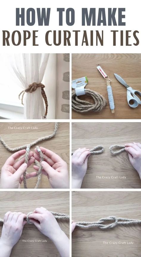 How to Make Rope Curtain Ties - easy and inexpensive DIY nautical rope home decor project Diy Curtain Holdbacks, Beachy Curtains, Curtain Tie Backs Diy, Beach Curtains, Rope Curtain Tie Back, Rv Curtains, Rope Tie Backs, Nautical Curtains, Rope Curtain