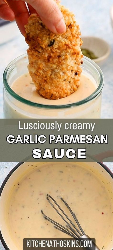 Learn how to make the best garlic parmesan sauce recipe that's ideal with chicken wings, pasta, to spread on pizza or as a dipping sauce with sauce. This all purpose white sauce is a homemade version of the Buffalo Wild Wings restaurant's wing sauce. Get the creamy garlic parmesan sauce recipe at kitchenathoskins.com. Slim Chickens Slim Sauce, Homemade Garlic Parmesan Sauce, Garlic Parm Sauce For Wings, Homemade Garlic Parmesan Wing Sauce, Sauce For Chicken Parmesan, Garlic Parmesan Sauce For Wings, Quick Sauce For Chicken, Garlic Parm Wing Sauce, Garlic Parmesan Wings Sauce