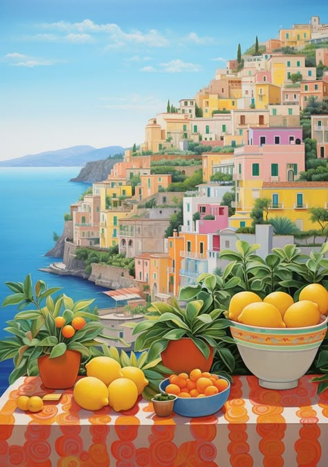 Romantic travel destinations Positano Painting Amalfi Coast, Amalfi Coast Painting Acrylic, Amalfi Coast Drawing, Positano Color Palette, Amalfi Coast Art, Amalfi Artwork, Painting Ideas Italy, Lemon Tree Italy, Positano Illustration