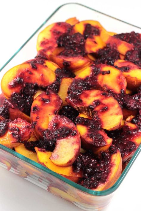 Baked-Peaches-Recipe Aip Fruit, Aip Paleo Desserts, Aip Treats, Blackberry Peach, Baked Peaches, Paleo Fruit, Beach Treats, Blackberry Sauce, Peach Dessert