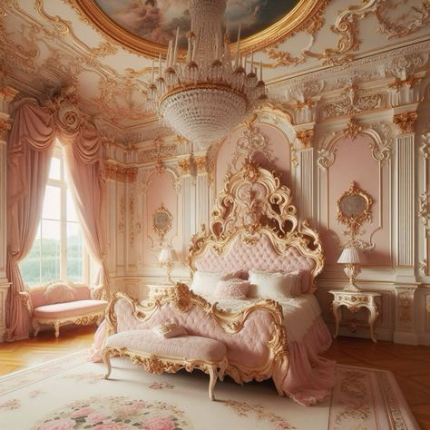 Princess Style Bedroom, Royal Pink Bedroom, French Pink Bedroom, Pink Rococo Aesthetic, Royal Core Bedroom, Castle Room Aesthetic, Marie Antoinette Aesthetic Bedroom, Royal Bedroom Princesses, Rococo Aesthetic Bedroom