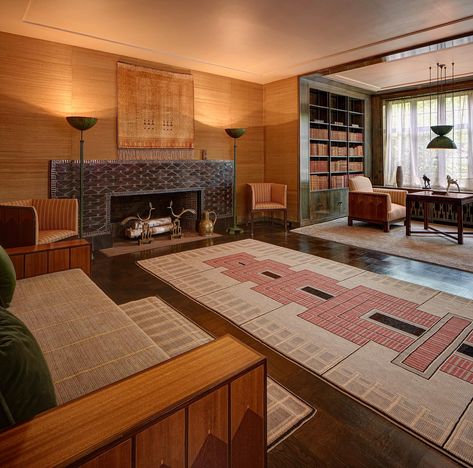 Hallway Seating, Fireplace Facing, Ceiling Murals, Artist House, Frank Lloyd, Frank Lloyd Wright, Lloyd Wright, Art Deco Interior, Architectural Digest