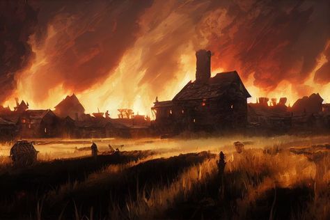 City of Vallaki burning at night. JPG to use with a VTT as a background Vila Medieval, Dnd Backgrounds, Burning City, Fantasy Village, Fantasy Town, My Fantasy World, Scene Art, Fire Art, Fantasy City