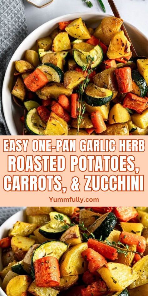 Forget about bland-tasting veggies! This One-Pan Garlic Roasted Potatoes, Carrots, & Zucchini are the perfect side dish for any protein entree. Garlic, rosemary, and thyme complement the caramelized flavors of the veggies for a unique garlic-herb aroma. Whole 30 Side Dishes, Garlic Herb Roasted Potatoes, Roasted Potatoes Carrots, Carrots And Zucchini, Roasted Potatoes And Carrots, Garlic Roasted Potatoes, Herb Roasted Potatoes, Carrot Fries, Rosemary And Thyme