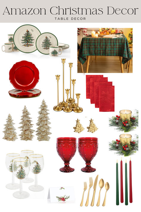 Red and Green Traditional Christmas Tablescape Inspiration Gold Plate Chargers, Christmas Tablescapes Elegant, Traditional Christmas Table, Red Table Settings, Gold Candle Stick Holders, Amazon Christmas Decorations, Plate Chargers, Amazon Christmas, Christmas Tablescape