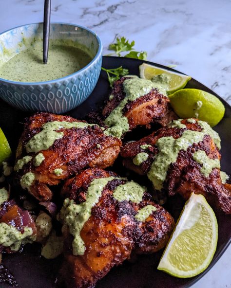 Easy to make Peruvian chicken recipe with green cilantro sauce. The chicken is full of flavor and the sauce ties the recipe together. Aji Verde Sauce, Peruvian Green Sauce, Spanish Meals, Peruvian Chicken Recipe, Chicken Thigh Marinade, 30seconds Food, Peruvian Chicken, Delicious Chicken Salad, Med Diet