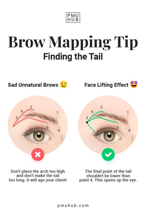 The length and positioning of the brow tail can affect the appearance of an entire face! The placement of the tail plays a critical role in creating facial symmetry and balance. So here’s one quick tip to help you mark the tail in the right position. Pmu Brow Mapping, Microblading Eyebrows Training, Facial Symmetry, Mircoblading Eyebrows, Brow Mapping, Eyebrow Trends, Membentuk Alis, Eyebrow Design, Eyebrow Hacks