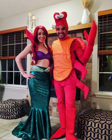 Ariel and Sebastian for Halloween.  #disney #coupleshalloween Ariel And Sebastian Costume, Ariel Couple Costume, Ariel And Eric Costume, Ariel Costume, Sebastian Costume, Ariel Sebastian, Crab Costume, Partner Costumes, Ariel Costumes