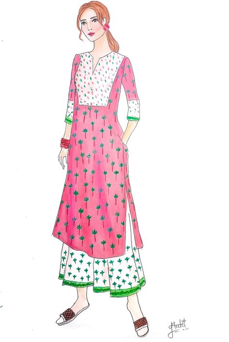 Kurti Fashion Illustration, Kurti Design Drawing, Kurta Illustration Sketch, Kurti Illustration Sketch, Kurta Drawing, Kurta Illustration, Kurti Illustration, Symmetrical Pictures, Designing Sketches