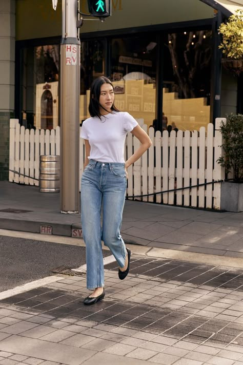 Classic Everyday Blue Denim Outfit | The UNDONE White T-shirt Jeans, White T Shirt Jeans Outfit Women, White T And Jeans Outfit, White Top And Blue Jeans Outfit, Blue Jeans And White Top Outfit, White Shirt Blue Jeans Outfit Women, White Tshirt Outfit Casual, Jeans Tshirt Outfits, White Top Blue Jeans Outfit