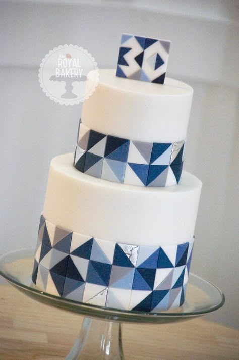 Geometric Cake Design, Masculine Cake, Wedding Cake Designs Simple, Geometric Cake, Blue Birthday Cakes, 40th Cake, 80 Birthday Cake, Patterned Cake, Fondant Cake Designs