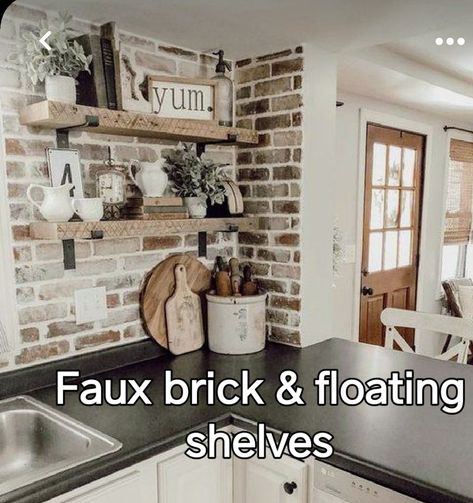 Grey Kitchen Brick Wall, Grey Floating Shelves Kitchen, Faux Brick In Kitchen, Brick Wall With Floating Shelves, Floating Shelves On Brick Wall Kitchen, Brick Coffee Bar, Fake Brick Wall Kitchen, Kitchen Ideas With Floating Shelves, Floating Shelves Above Coffee Bar