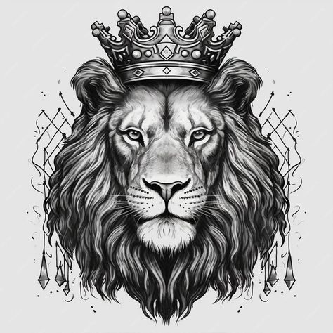 Lion Chest Tattoo Men Design, Lion With Crown Drawing, Lion Crown Tattoo, Lion Wearing Crown, Lion With Crown Tattoo, Lion With A Crown, Lion Chest Tattoo, Lion With Crown, Lion Art Tattoo