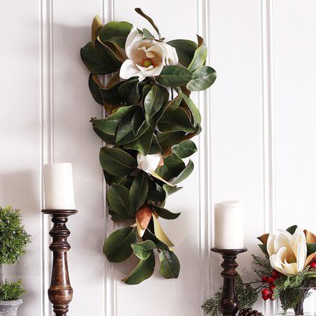 Magnolia Swag Decor, Swag Wreaths For Front Door, Magnolia Swag, Magnolia Leaf Garland, Front Door Swag, Green Front Doors, Swag Wreath, Eucalyptus Garland, Berry Garland