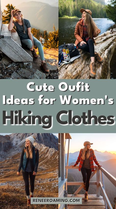 Photo collage of a woman outdoors hiking and wearing cute hiking clothes. Linked to cute outfit ideas for women's hiking clothes. Hiking Outfits Summer, Trail Outfits, Wander Outfit, Fall Hiking Outfits, Trekking Outfit Women, Walking Outfit, Hiking Fall, Trekking Outfit, Beginner Hiking