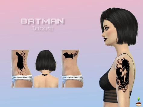 Batman tattoo set for your female sims ! Four different tattoos for your sims to enjoy ! :)  Found in TSR Category 'Sims 4 Mods' Sims 4 Batman, Sims 4 Dc Comics Cc, Sims 4 Cc Batman, Batman Room, Sims 4 Tattoos, Bat Tattoo, Batman Tattoo, Batman And Catwoman, Ts4 Cc