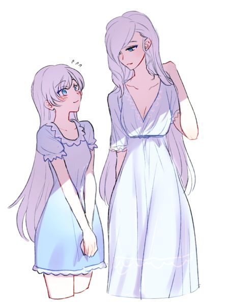 Winter and Weiss pajamas Mother And Daughter Drawing Anime, Mother With Daughter Drawing, Anime Woman With White Hair And Purple Eyes, Anime Mother And Daughter Art, Mother And Daughter Reference, Mother And Daughter Drawing Reference, Mother Oc Art, Anime Mother Oc, Mother And Son Anime