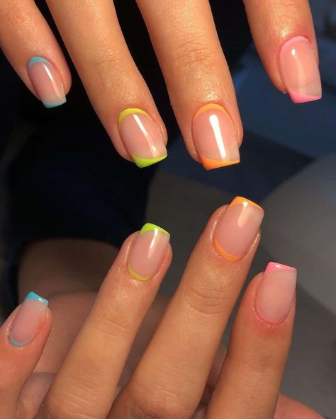 Multicolor French Nails, French Rainbow Nails, Nails Rainbow Tips, Rainbow Tips, Rainbow French, Rainbow French Manicure, Reverse French Tip Nails, Rainbow Tip Nails, Fun Manicure Ideas