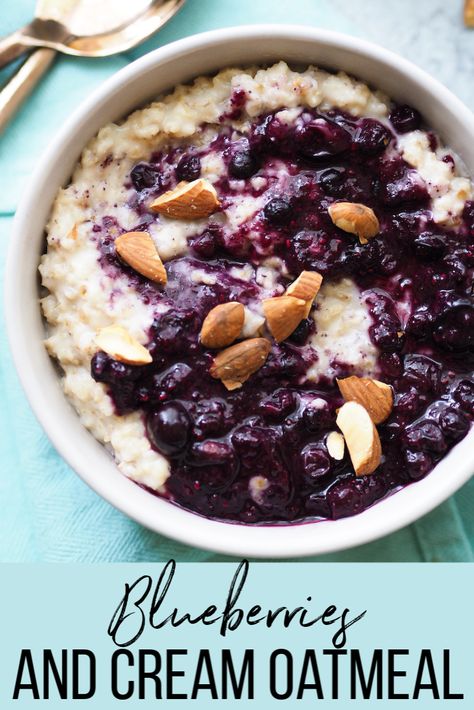 Blueberries and Cream Oatmeal  — Registered Dietitian Columbia SC - Rachael Hartley Nutrition Healthy Oatmeal Bowl, Blueberry Chia Jam, Recipe For Oatmeal, Blueberries And Cream, Bright Line Eating Recipes, Oatmeal Flavors, Berry Oatmeal, Bowl Of Oatmeal, Oatmeal With Fruit