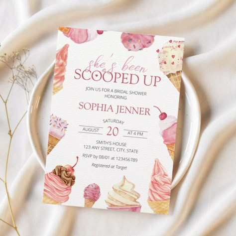 🍦✨ Introducing Our Sweet Affair: "She's Been Scooped Up" Bridal Shower Invitations! ✨🍧  Indulge in the delightful world of love and ice cream with our whimsical bridal shower invitations, inspired by the theme "She's Been Scooped Up." Drenched in watercolor pink, these invitations embody cuteness, girlish charm, and the sweet anticipation of happily-ever-after.  🎀 A Scoop of Romance: Melt hearts and create smiles with our enchanting bridal shower invitations that capture the essence of a love Bridal Shower Themes Scooped Up, He Scooped Her Up Bridal, Bridal Shower Scooped Up Theme, She's Been Scooped Up, She’s Been Scooped Up Bridal Theme, Shes Been Scooped Up Bridal Shower Ideas, She Got Scooped Up Bridal Shower Theme, Love Is Sweet Bridal Shower Theme, She’s Been Scooped Up