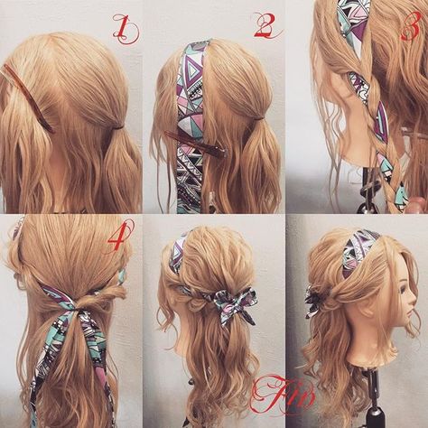 Hair Hair Scarf Styles, Peinados Fáciles Para Cabello Corto, Penteado Cabelo Curto, Curly Bob Hairstyles, Bandana Hairstyles, Hair Dos, Headband Hairstyles, Scarf Hairstyles, Hair Day