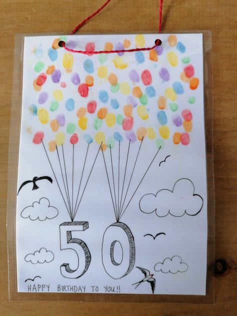 Fingerprint Birthday Cards, Happy Birthday Fingerprint Art, Diy Retirement Cards, Fingerprint Balloons, Kids Birthday Crafts, Fingerprint Cards, 50th Birthday Card, Fingerprint Art, Creative Birthday Cards