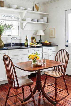 RX_1703_Tiny Cottage_Kitchen Table Tiny Cottage Kitchen, Cottage Kitchen Design, Southern Decor, Small Kitchen Tables, Best Tiny House, Cottage Renovation, Tiny Cottage, Tiny House Kitchen, Cottage Kitchens