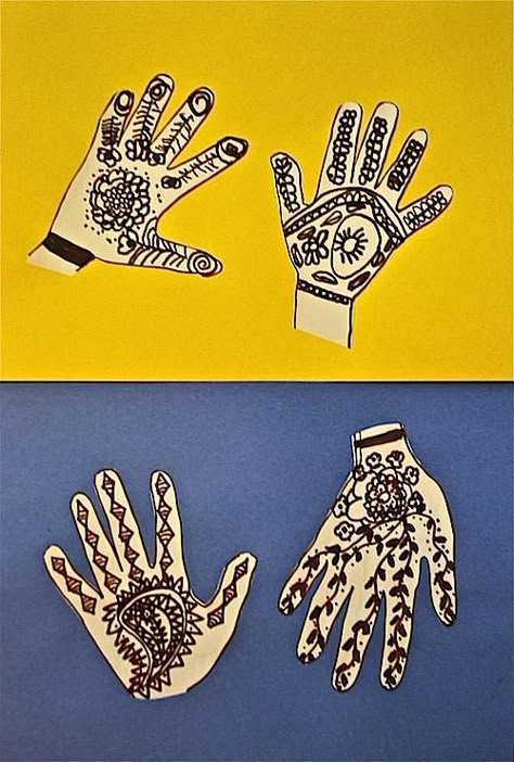 Multicultural Art Project: "Henna Hands" teaches kids about the use of henna, a traditional art form that has been practiced in India, areas of the Middle east, and parts of Africa for hundreds of years. Hand Art Projects, Multicultural Crafts, Multicultural Activities, Henna Hands, India Crafts, Cultural Crafts, Japanese Tattoos, Indian Crafts, World Crafts