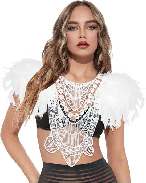 Amazon.com: Joukavor Gothic Real Natural Feather Lace Shoulder Shrug Shawl Cape for Women Wedding Halloween Costume(White-F) : Clothing, Shoes & Jewelry Roaring 20s Outfit, 20s Outfit, Shoulder Shrug, Gothic Halloween Costumes, Free Standing Wardrobe, Feather Cape, Cape For Women, Viking Braids, Gothic Costume