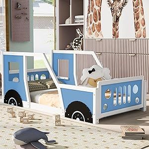 Kids Floor Bed Twin Size Platform Bed with Car-Shaped and Wheels, Wooden Twin Bed Frames with Doors and Windows, Twin Car Bed with Slat Support for Kids Boys Girls, No Box Spring Needed,Blue Twin Car Bed, Unique Bed Design, Kids Floor Bed, Boy Bed, Floor Bed Frame, Room Boy, Room Girl, Blue Jeep, Kids Flooring