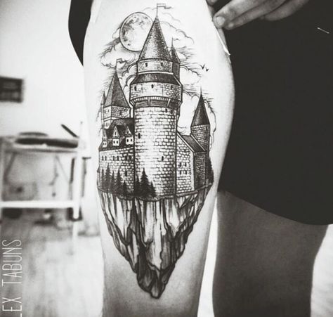 Floating castle tattoo Fortress Tattoo, Cliff Tattoo, Hallelujah Tattoo, Castle Tattoos, Drop Tattoo, Father Son Tattoo, Mountain Cliff, It Tattoo, Men Masculine