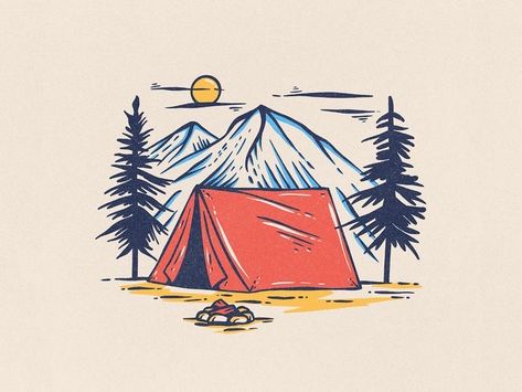 Camping Drawing, Draw Step By Step, Hiking Tattoo, Doodle Art Flowers, Mountain Camping, Adventure Design, Wall Drawing, Simple Illustration, Mini Drawings