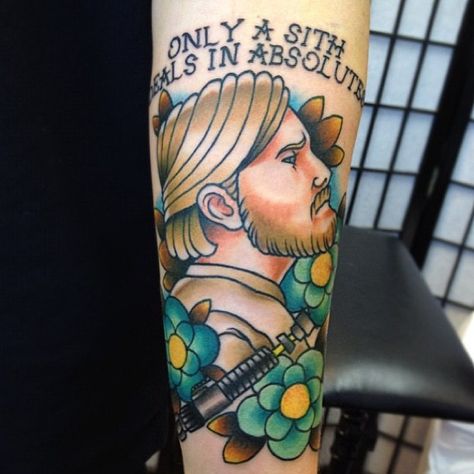 Obi Wan Kenobi Tattoo by gooneytoonstattoo.deviantart.com on @deviantART Obi Wan Kenobi Tattoo, Kenobi Tattoo, Obi Wan Tattoo, Lightsaber Tattoo, Princess Tattoo, C Tattoo, Star Wars Quotes, Star Wars Anakin, Star Wars Facts