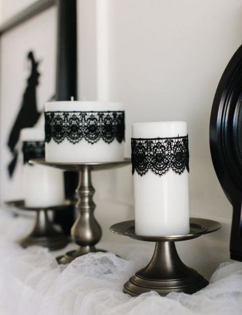 Black Lace Candles, Lace Candles, Diy Halloween Party, Classy Halloween, Casa Halloween, White Pillar Candles, Halloween Mantel, Halloween Candles, Halloween 2020