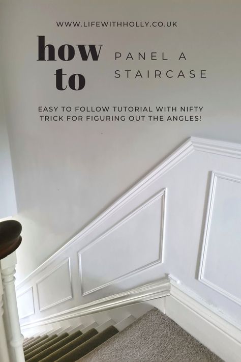 How to DIY stairs panelling - Learn how to add wood panelling to your staircase with this tutorial from Life with Holly. It's easier than you think, even without power tools! Using a simple trick you'll be able to add wood panelling to your staircase, even with the tricky angles! Find out how to panel a staircase with this tutorial. Read now! Wood Panelling Up The Stairs, Wall Paneling Ideas Hallway Stairs, Stair And Landing Panelling, Diy Wall Paneling Stairs, Panel Stairs Wall, Diy Panelling Walls Stairs, Stairway Wall Paneling, Stairs With Paneling, Wall Panelling Hallway Stairways