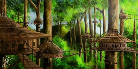 Treehouse Village and bridges Village In Trees, Giant Tree House Fantasy Art, Tree Village Concept Art, Fantasy Jungle City, Forest Village Fantasy Art, Fantasy House Interior Art, Treetop Village, Tree Kingdom, Tree House Village