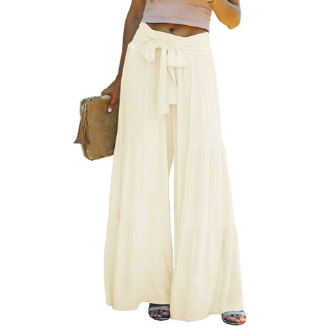 KOMOO Women Wide-Leg Trousers High Waist Solid Color Drawstring Loose Pants Tiered Boho Beach Pants - Walmart.com Trousers Women Wide Leg, Yoga Trousers, Sweatpants With Pockets, Baggy Style, Beach Pants, Loose Pants, Casual Trousers, Boho Beach, Casual Party