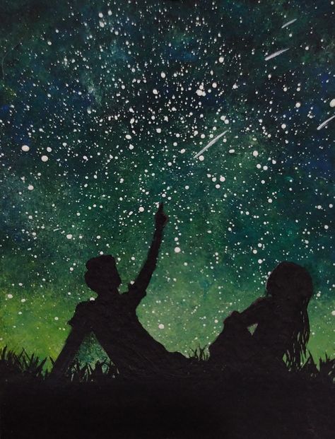 Couple Looking At Stars Drawing, Night Canvas Painting Moonlight, Star Gazing Painting, Looking At The Stars Drawing, Stargazing Painting, Cosmic Romance, Stargazing Art, Stargazing Drawing, Shadow Painting